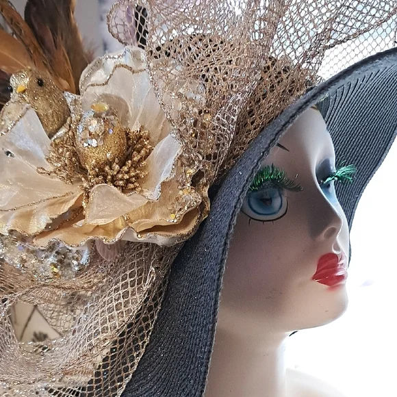 OOAK Black & Gold Couture Derby Hat with Designer Floral & Feather Bird - Picture 8 of 9
